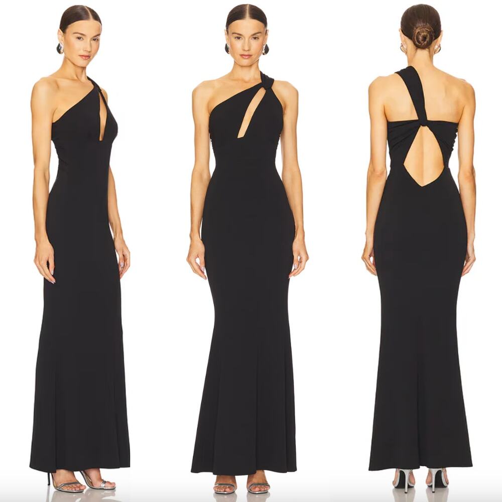 Katie May | Edgy Dress in Black One Shoulder Stretch Crepe Maxi XS